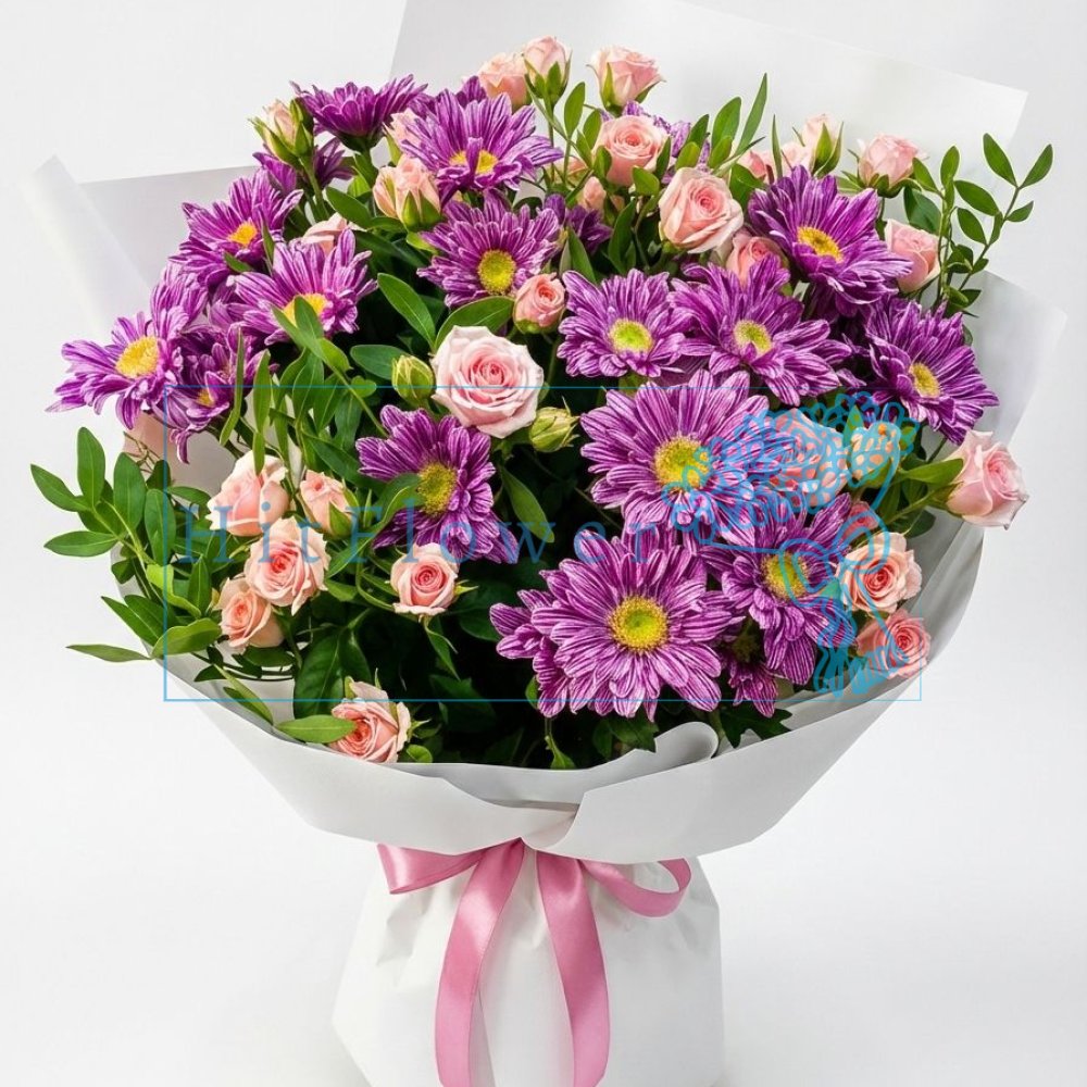 Букет цветов из: Хризантемы и Розы